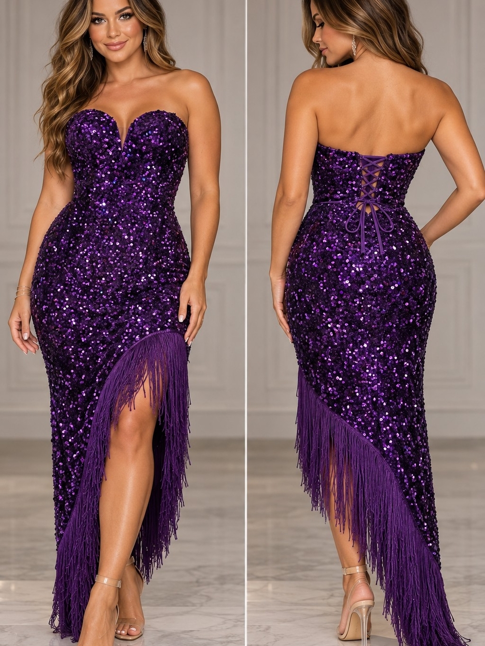 Purple Sequin Fringe Corset Dress L Large NWT Strapless Prom Party Flapper 20s